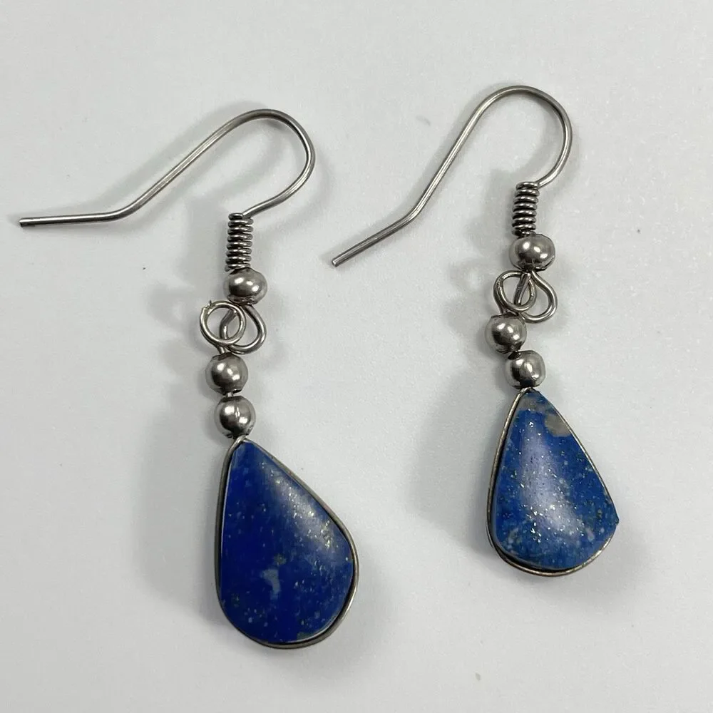 Lapis Lazuli Stone Silver Tone Hook Setting Earrings Dangle Minimalist Boho